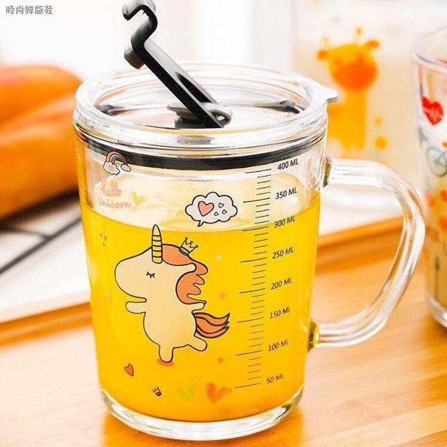 Ly thủy tinh chịu nhiệt nóng lạnh có Nắp 400ml Cốc Có Vạch Chia Mức Tiện Dụng Tặng Kèm Ống Hút Silicon Dẻo Cao Cấp