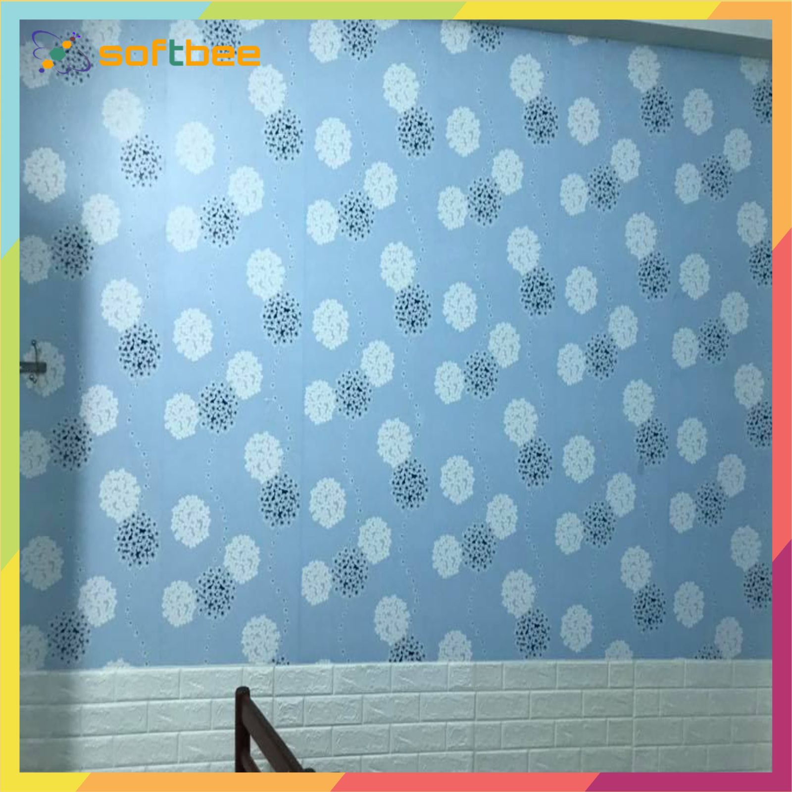 Decal dán tường in hình cẩm tú cầu xanh, kích thước 0.45m x 10m / cuộn, có sẵn keo mặt sau