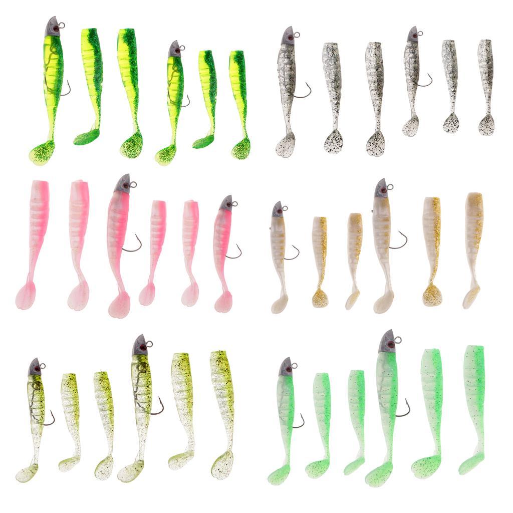 6pcs Shad Fishing Lure Soft Plastic Fish Bait Jig Head Swimbait Grub Worm