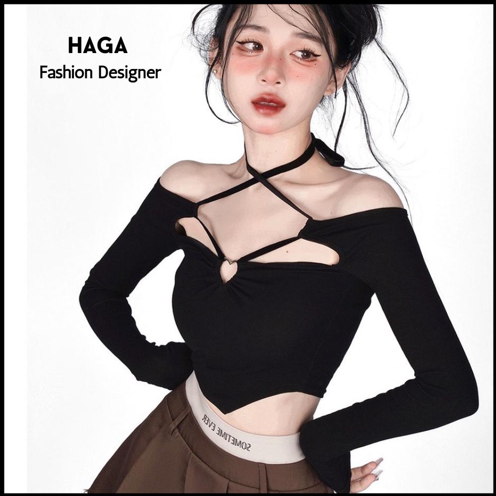 Áo croptop nữ dài tay HAGA áo thun khoét ngực phụ kiện tim AKNPKT61