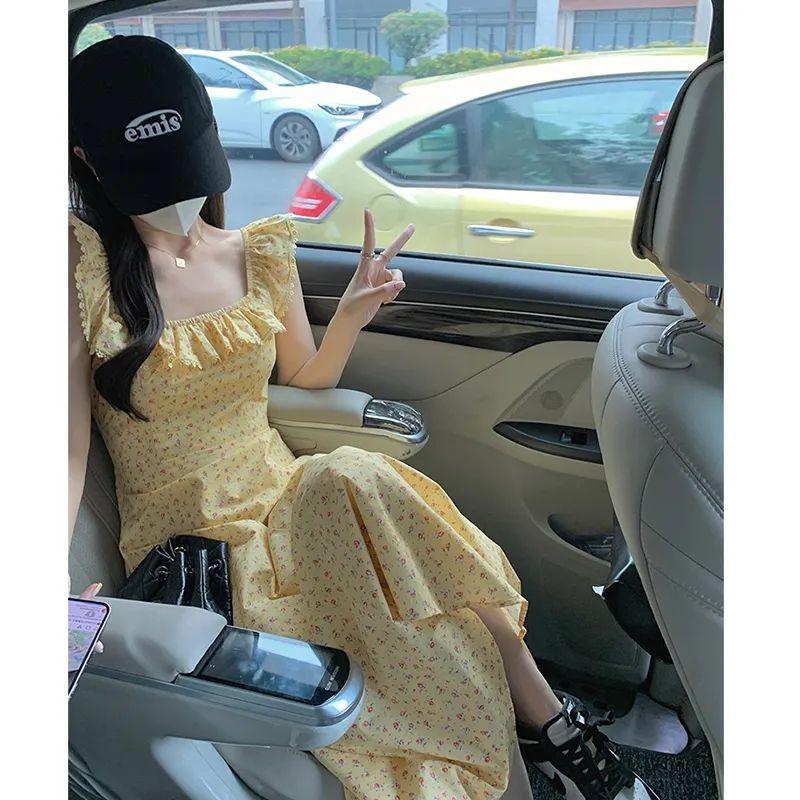 TOBE1SHOP Trà nghỉ kiểu Pháp cổ vuông tay áo nhỏ màu vàng hoa đầm nhỏ thắt lưng lộ vẻ gầy mùa hè váy dài đến mắt cá chân