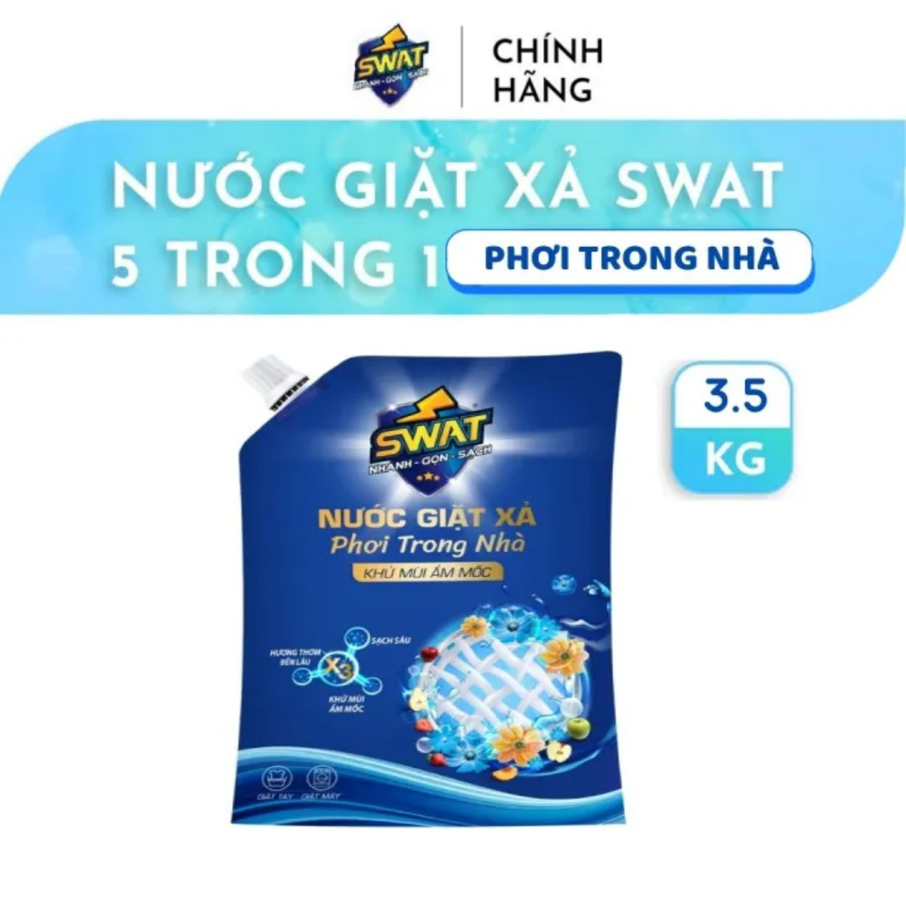 Nước Giặt Xả Swat Phơi Trong Nhà Túi 3.5Kg Siêu Kháng Khuẩn Chống Mùi Hôi