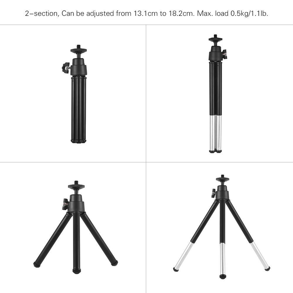 Mini Tripod 2-Section Extendable Desktop Tripod Stand Holder 1/4 Inch Screw Mounts for Phone ILDC Max. Load 0.5kg Black