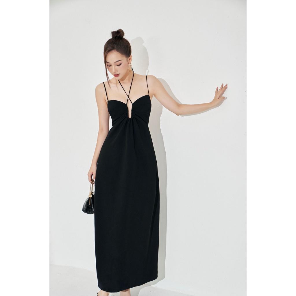 MOLLYNISTA - Đầm Olivia đen maxi xẻ cúp chữ U cột dây quyến rũ nữ tính thiết kế cao cấp đi chơi đi tiệc gợi cảm