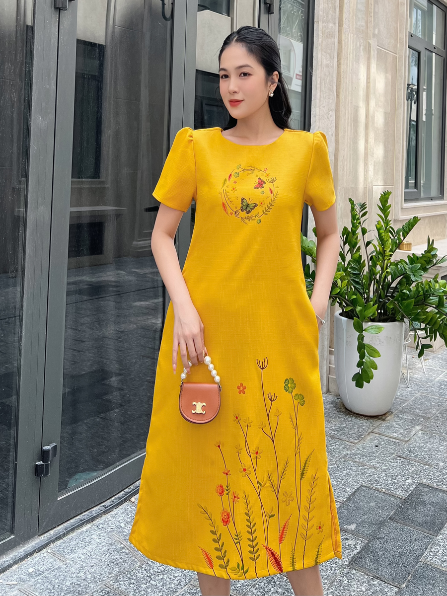 [HCM]  Đầm suôn chữ A phối họa tiết in giả thêu thanh lịch DA120 - KHÁNH LINH STYLE