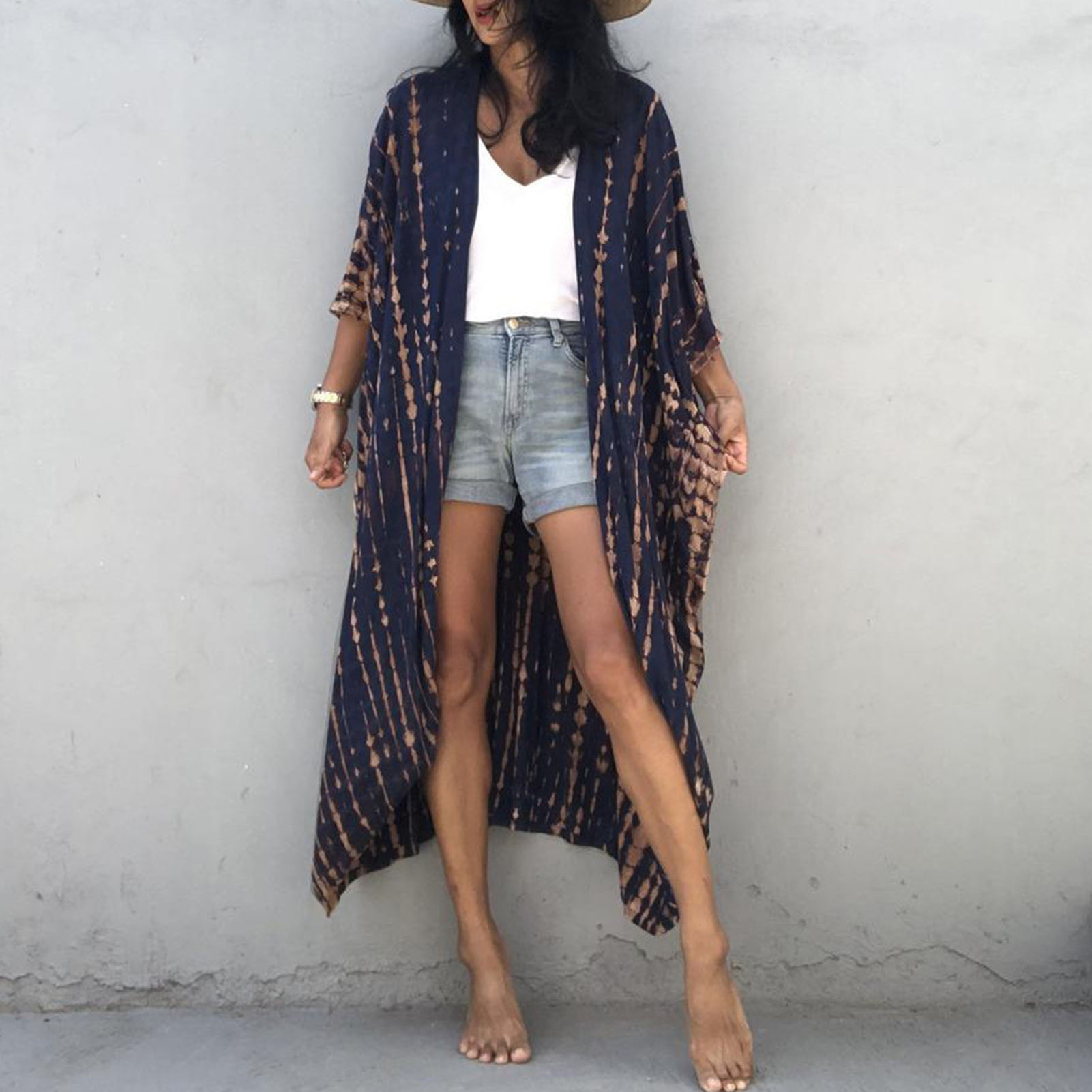 Women Bikini Cover Tie Dyed Striped Self Belted Kimono Cardigan Dress Loose Beach Swimsuit Cover Up