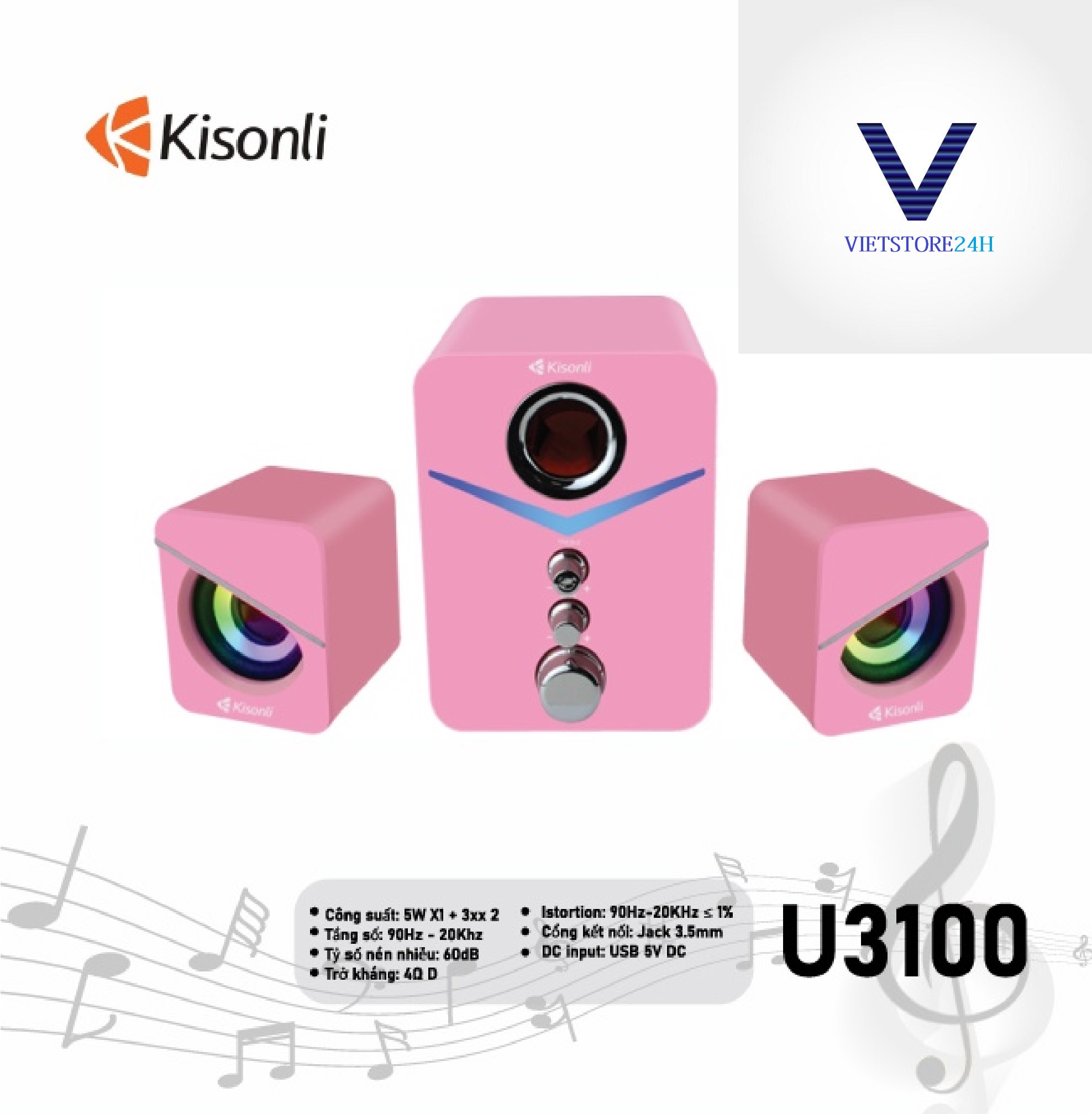 Loa 2.1 Kisonli U-3100 Pink LED - Hàng chính hãng