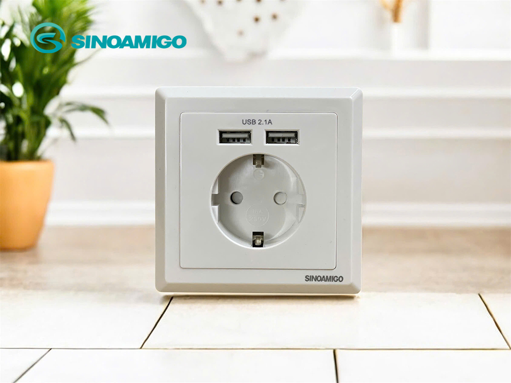 Ổ cắm điện Schuko (chuẩn Hàn Quốc) âm tường kèm 2 cổng sạc USB 5V-2.1A - Sinoamigo SW-1EUA  nhập khẩu chính hãng