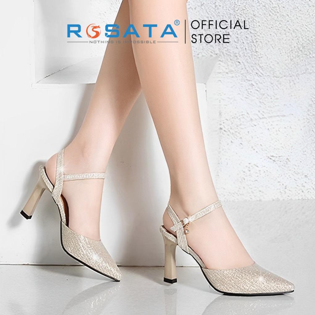 Giày cao gót nữ đế vuông 7 phân mũi nhọn quai hậu khóa cài dây mảnh ROSATA RO499 ( Bảo Hành 12 Tháng )