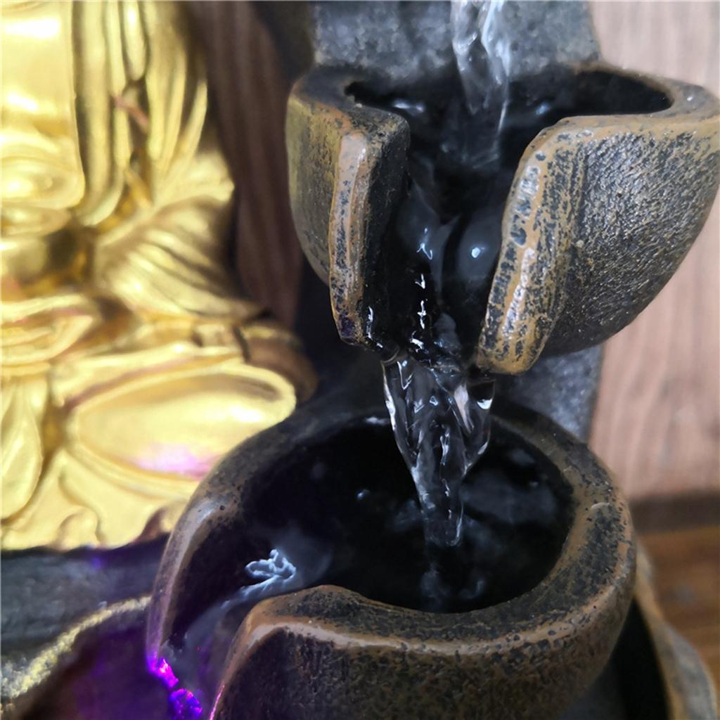 Tabletop Fountain LED Lights Water Waterfall Resin Buddha Statue Sculpture