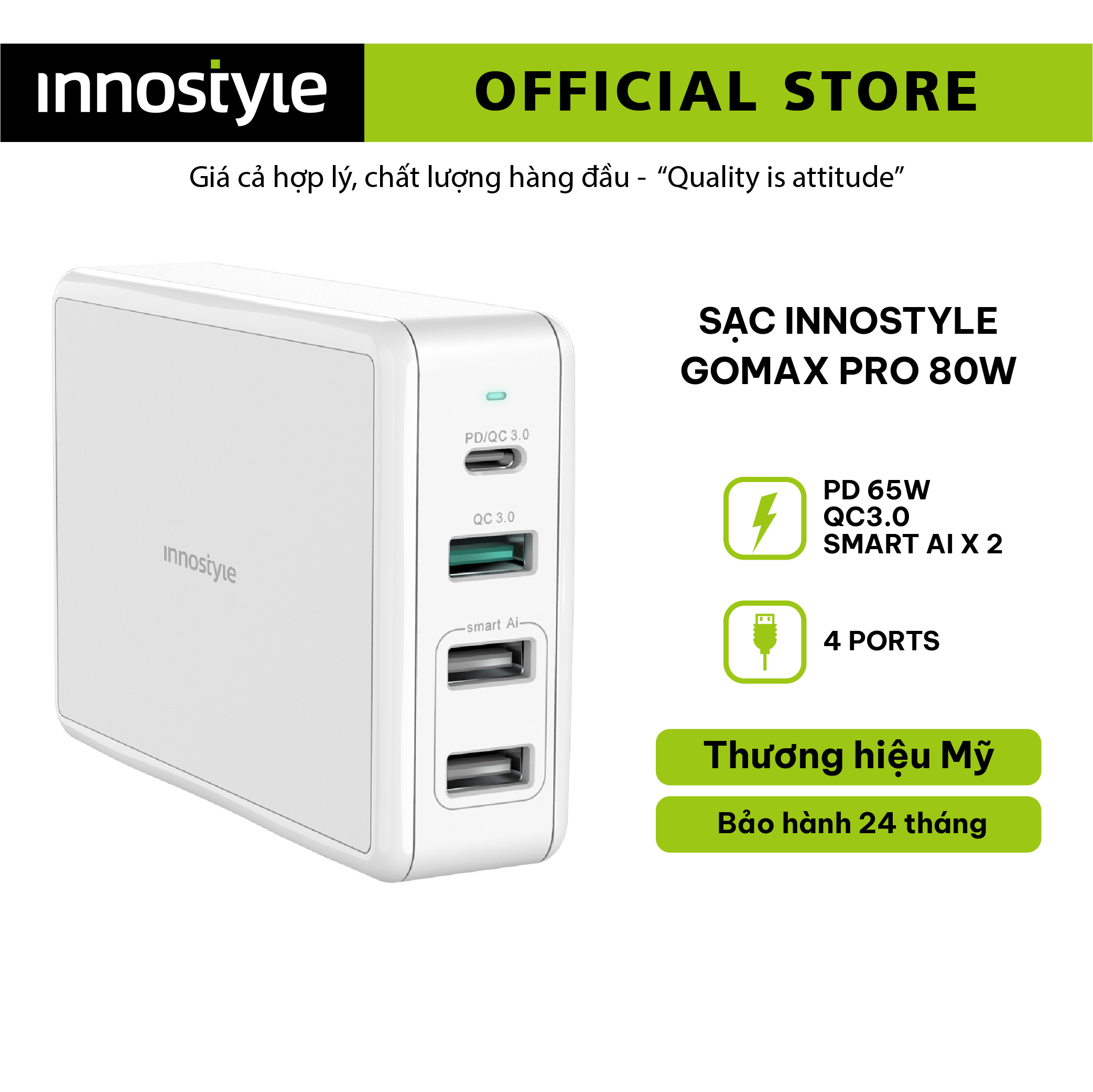 Adapter Sạc 4 Cổng Cho Macbook Innostyle Gomax Pro 80W Tích Hợp USB Type-C Power Delivery Hỗ Trợ Sạc Nhanh Quick Charge 3.0 - Hàng Chính Hãng