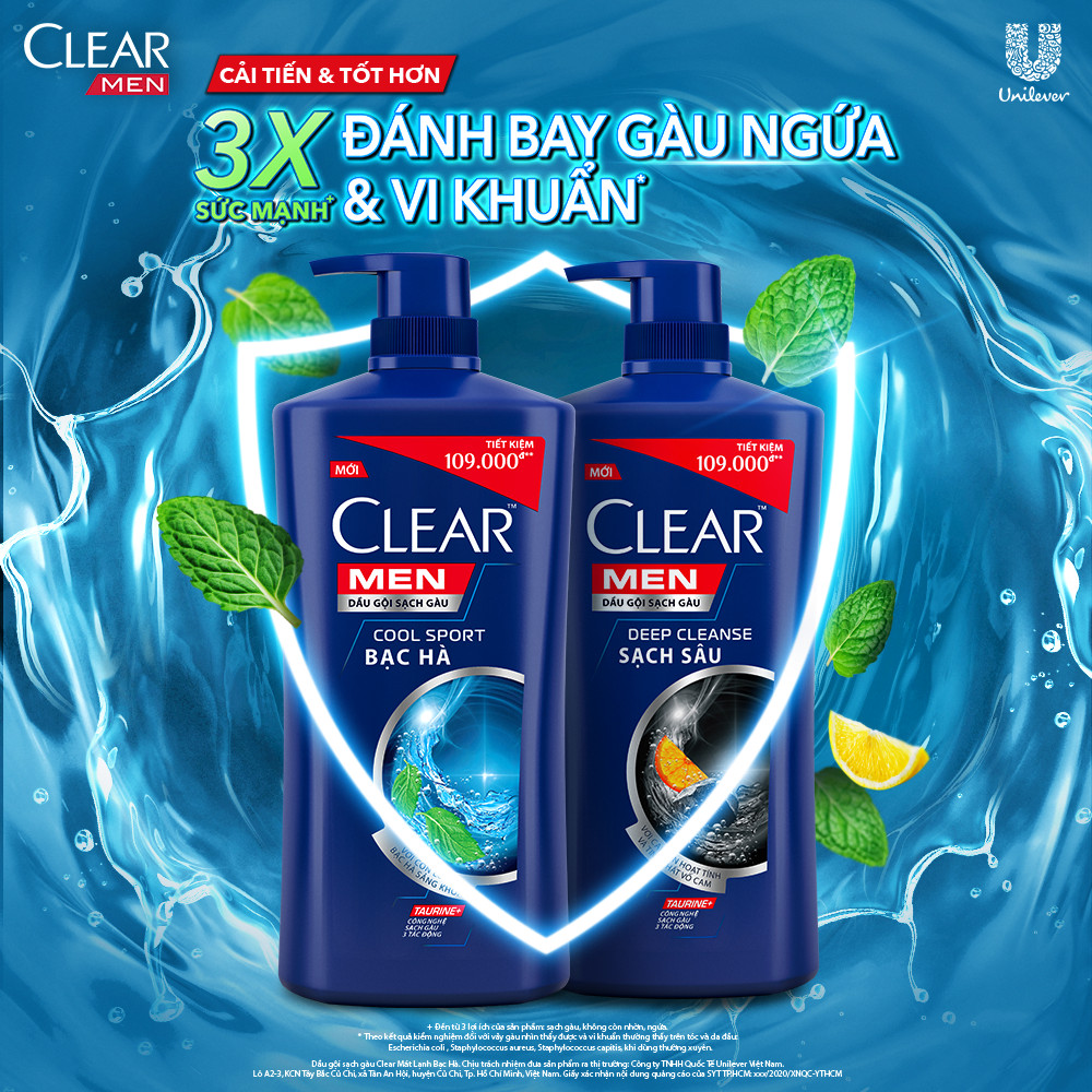 Dầu Gội Đầu Clear Men Deep Cleanse Than Hoạt Tính Đánh Bay Gàu, Ngứa Và Vi Khuẩn Dưỡng Tóc Khỏi Khói Bụi 900G