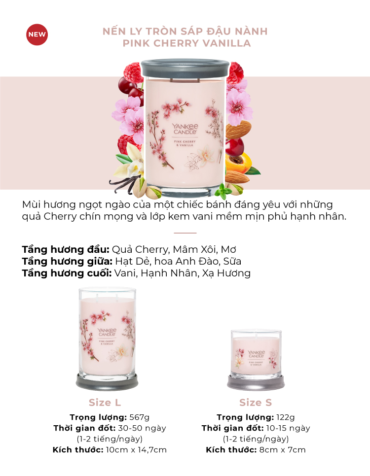 Nến ly tròn sáp đậu nành Yankee Candle size S - Pink Cherry Vanilla