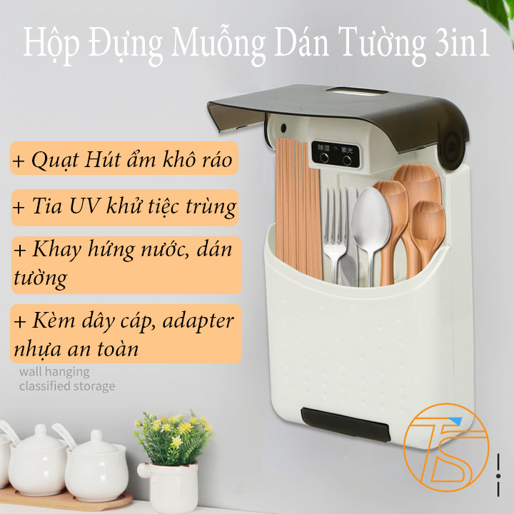 Hộp Đựng Muỗng Đũa Thông Minh Khử Khuẩn Sấy Khô Dán Tường 3in1 Kèm Adapter Và Dây Cáp - Máy Xấy Thìa Muỗng Trong Nhà Bếp Sử Dụng Điện 220V