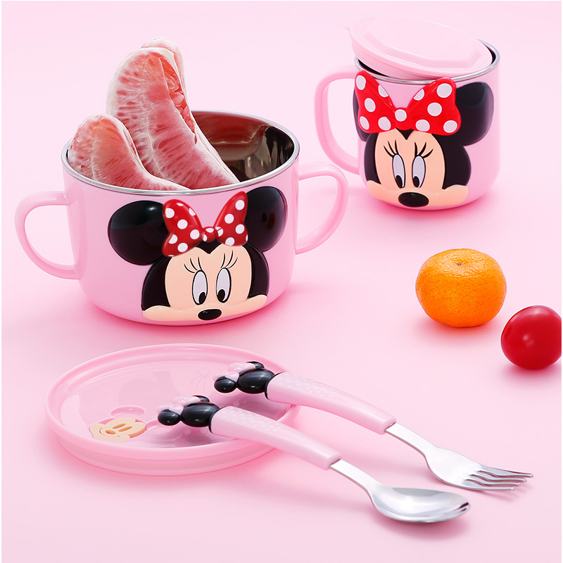 Set ăn uống 4 món tô, ly, muỗng, nĩa inox giữ nhiệt hình chuột Minnie 3D màu hồng cho bé gái - 397VNDM2346