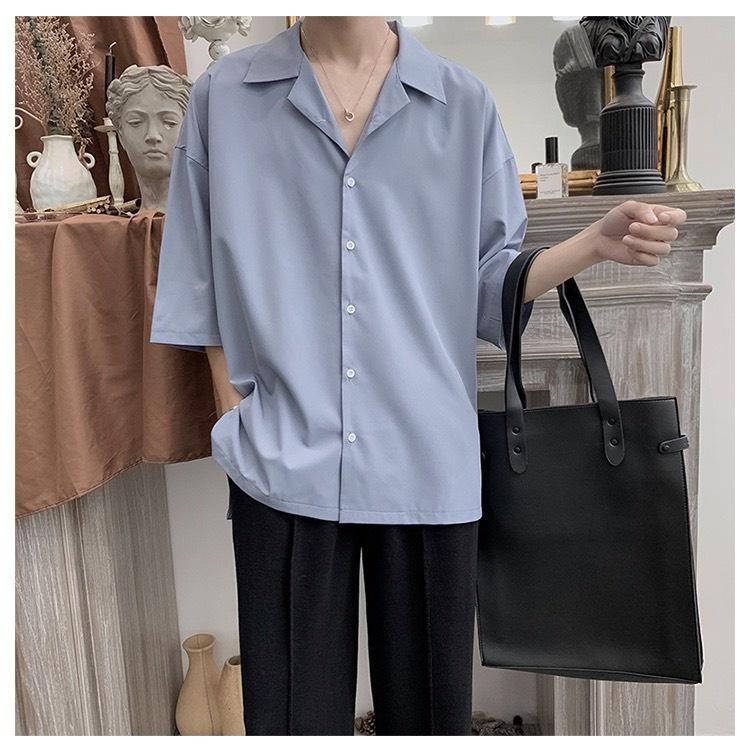 Áo sơ mi cổ Vest trơn tay ngắn nam nữ unisex form rộng tay lỡ basic, chất vải đũi trơn Hàn cao cấp mịn chống nhăn