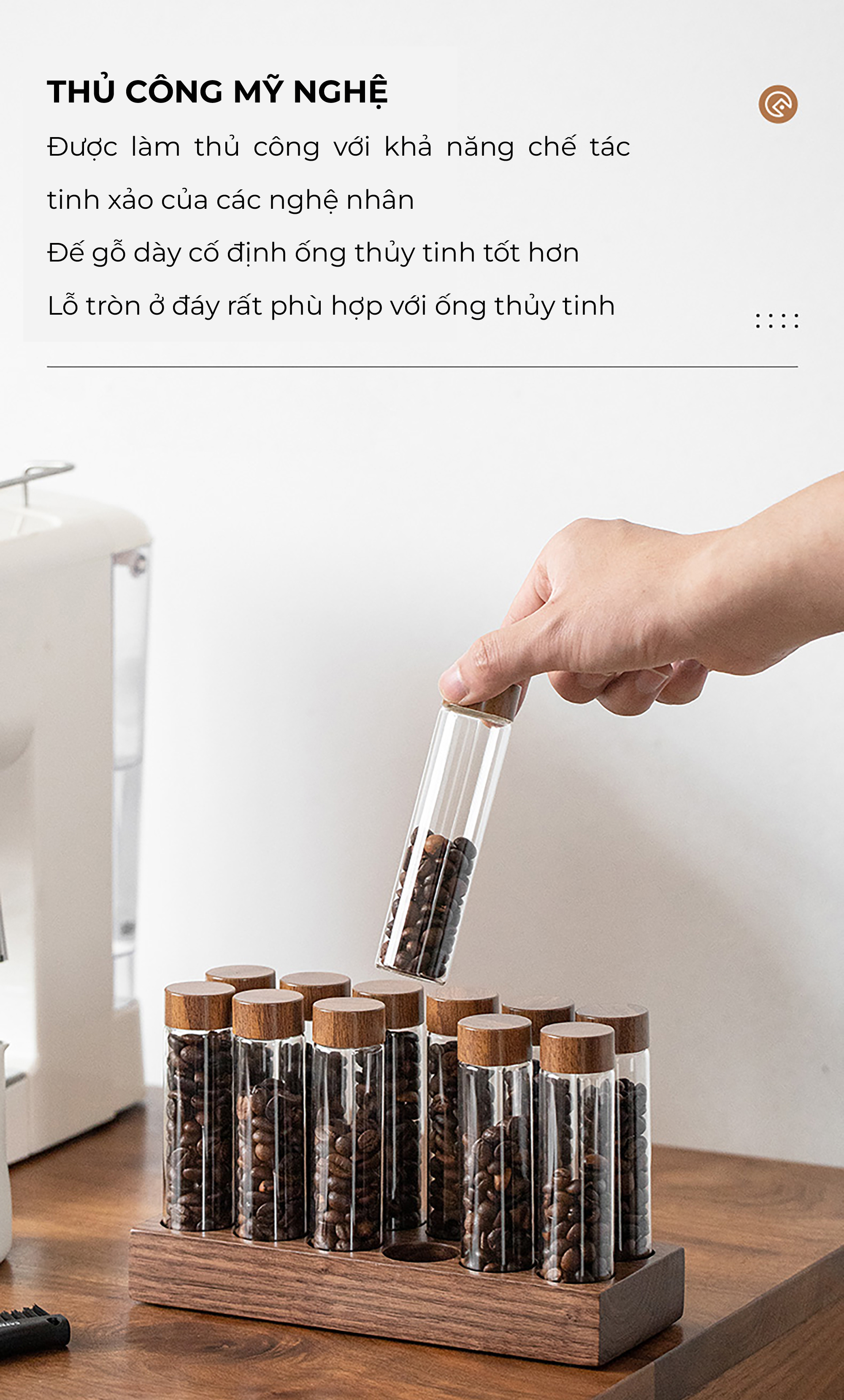 Bộ ống thủy tinh khung gỗ óc chó đựng cà phê CAFEDE KONA
