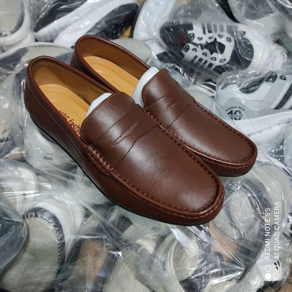Giày lười nam da bò đế cao su đã khâu chắc chăn 2 màu nâu và đen