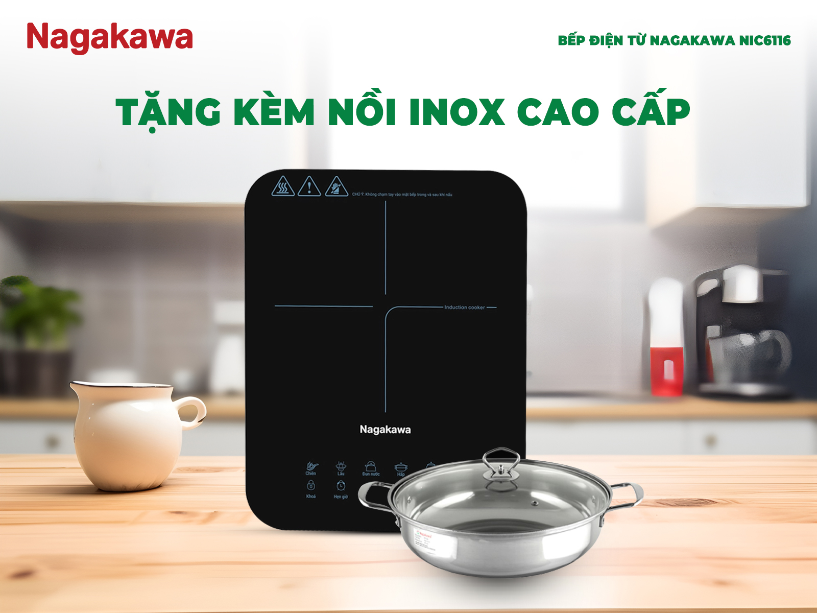 Bếp điện từ đơn Nagakawa NIC6116 2000W tặng kèm nồi inox, bảo hành 12 tháng, hàng chính hãng