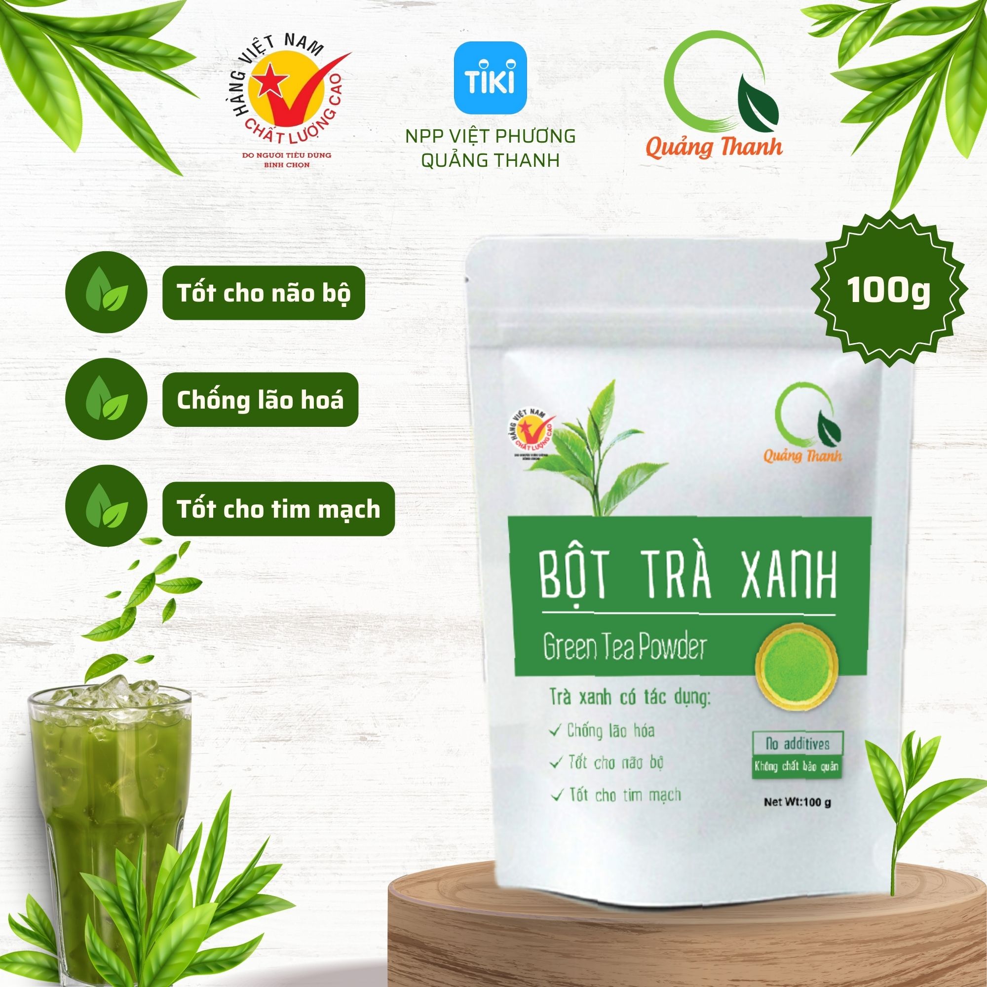 Túi 100g Bột Trà Xanh Quảng Thanh sấy lạnh - 100% búp trà tươi, không chứa chất bảo quản, ngăn ngừa lão hóa, tốt cho não bộ, tim mạch