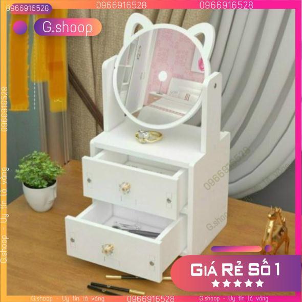 Bàn trang điểm mini bằng gỗ kèm gương tai mèo 2 tầng có ngăn kéo