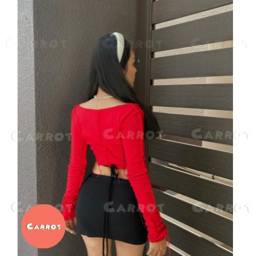 Aó croptop tay dài đỏ chân váy đen basic ôm eo cột dây tôn dáng trendy thời trang nữ carrotxindep