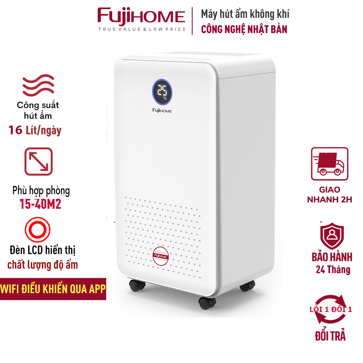 Máy hút ẩm lọc không khí 15m2-40m2 Fujihome DH16W, 16 Lít/ ngày, kết nối Wifi điều khiển qua App, đèn cảm biến báo chất lượng độ ẩm- Hàng chính hãng