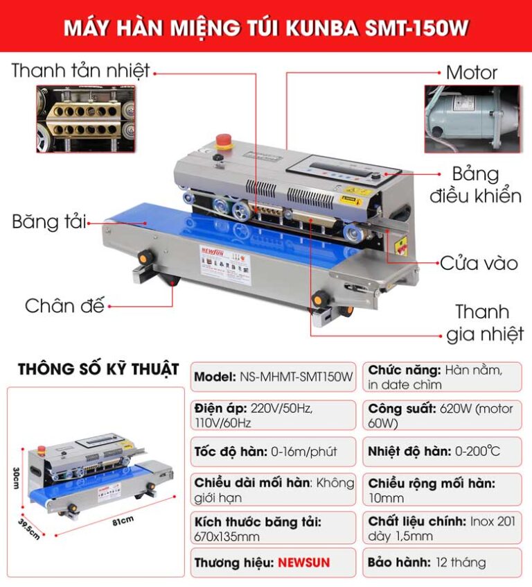 Máy hàn miệng túi Kunba SMT-150W NEWSUN - Hàn nằm in date chìm đa năng - Hàng chính hãng