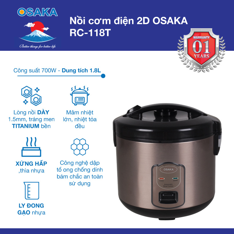 Nồi cơm điện Osaka RC-118T dung tích 1.8 lít - Hàng chính hãng