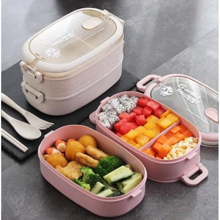 Hộp Cơm Lúa Mạch 2 Tầng 2 Ngăn Kèm Đũa Thìa - Hàng Loại 1