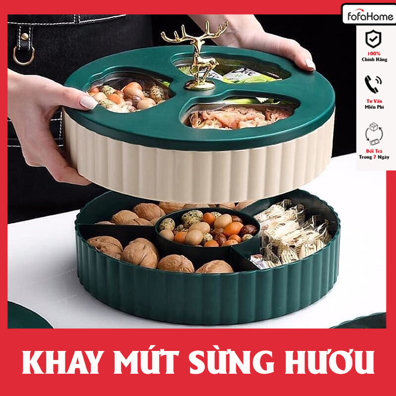 Khay Đựng Bánh Kẹo Tết Phong Cách Châu Âu 2 Tầng Khay Mứt Tết Tròn Hình Hươu Vàng