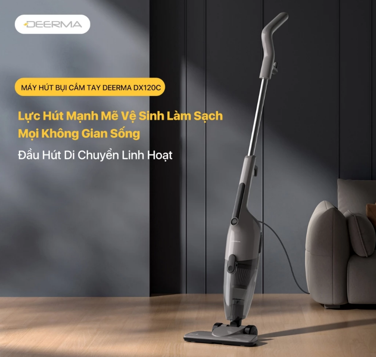 Máy hút bụi Deerma DX120C màu xám lực hút 16Kpa, Công suất 600W động cơ không chổi than {New 2025} - Hàng chính hãng