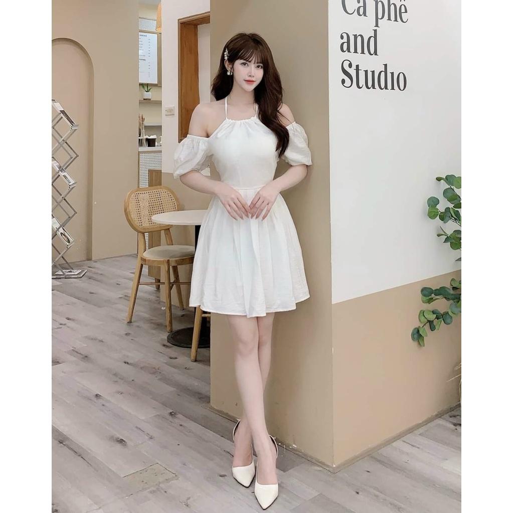 Váy Xòe Cổ Yếm Tay Phồng Xinh Xắn