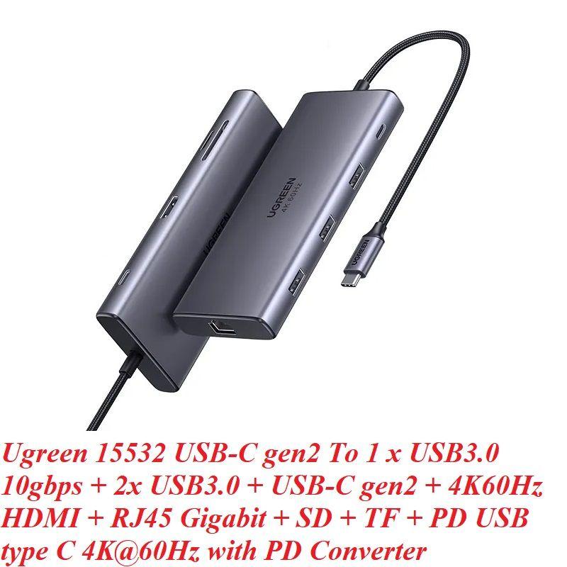 Ugreen UG15532CM498TK USB type C sang 1 x HDMI 4K60hz + 1 x USB-C 3.2 + USB-A 3.2 10Gbps + 1 x RJ45 1Gbps + TF + SD + 2 x USB 3.0 + 1 x USB-C PD 100W Bộ chuyển 9in1 - HÀNG CHÍNH HÃNG
