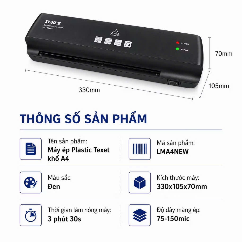 Máy ép nhựa khổ A4 Texet LMA4NEW model 2026 (Bảo hành 12 tháng)