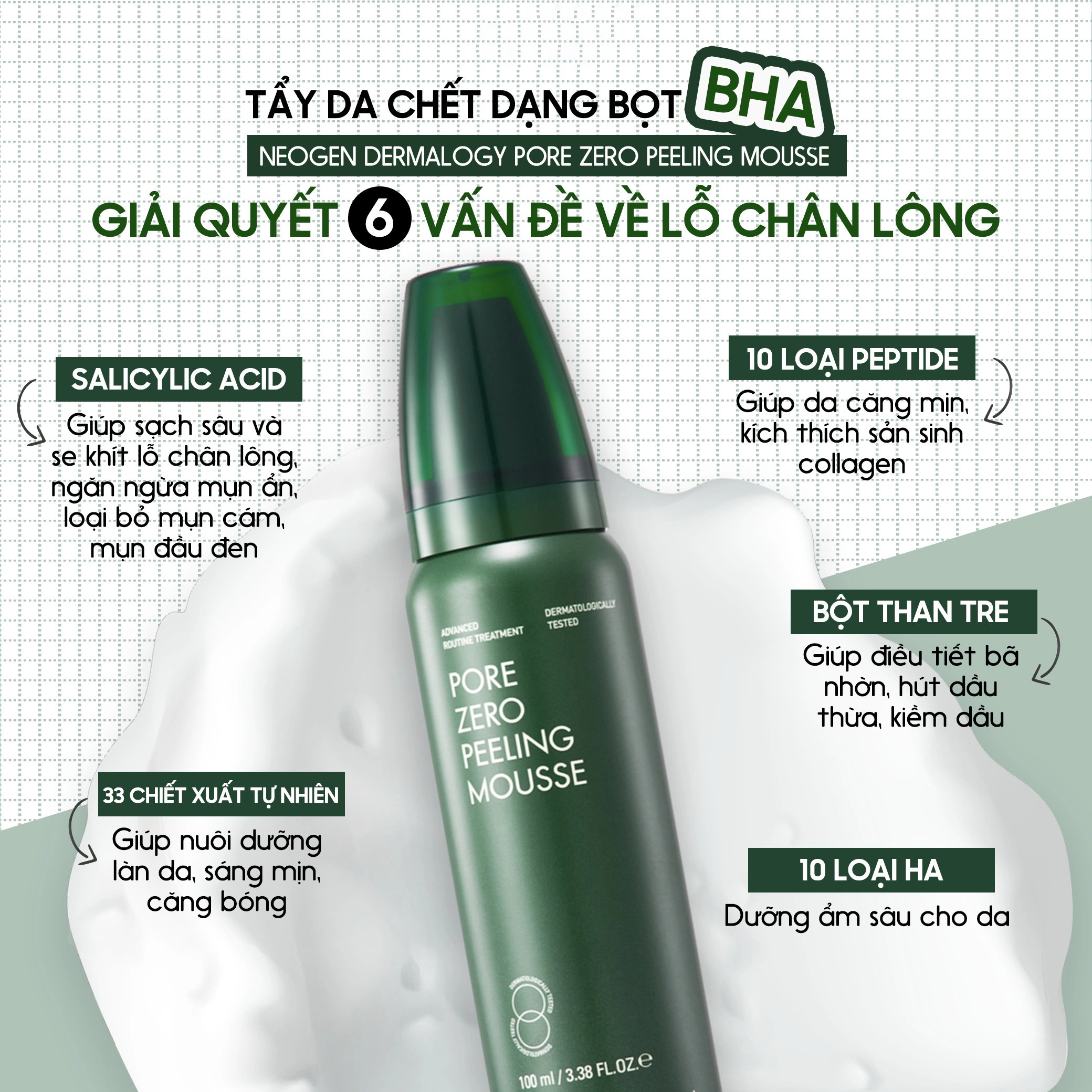 Tẩy Da Chết Dạng Bọt Mịn BHA, Làm Sạch, Se Khít Lỗ Chân Lông Neogen Pore Zero Peeling Mousse 100ml