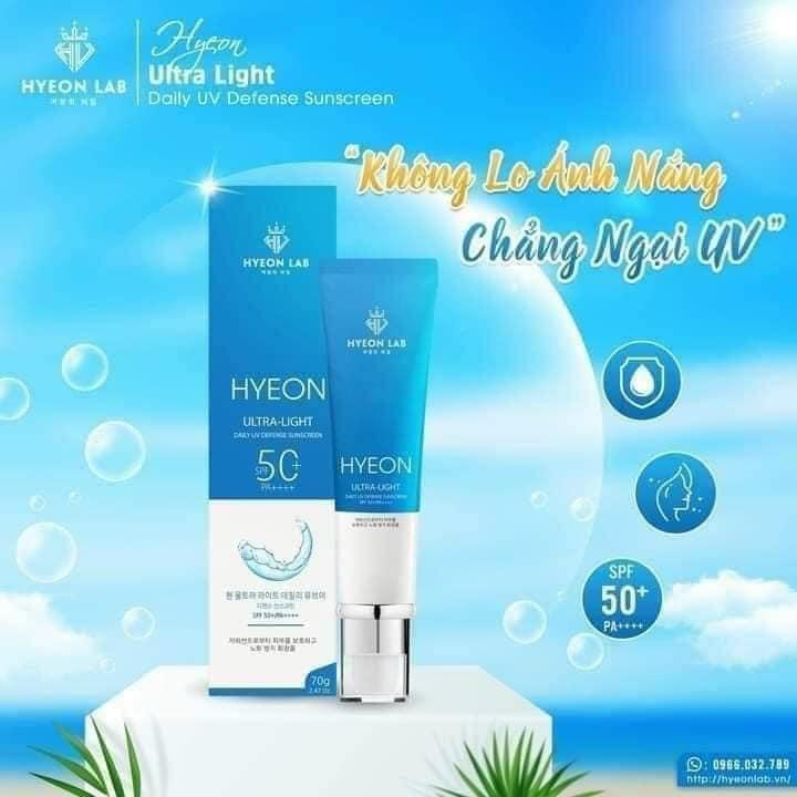 Hyeon Ultra Light Daily UV Defense Sunscreen|Kem Chống Nắng Hyeon Lab|Chỉ số SPF 50+ chống nắng mạnh mẽ, thẩm thấu nhanh
