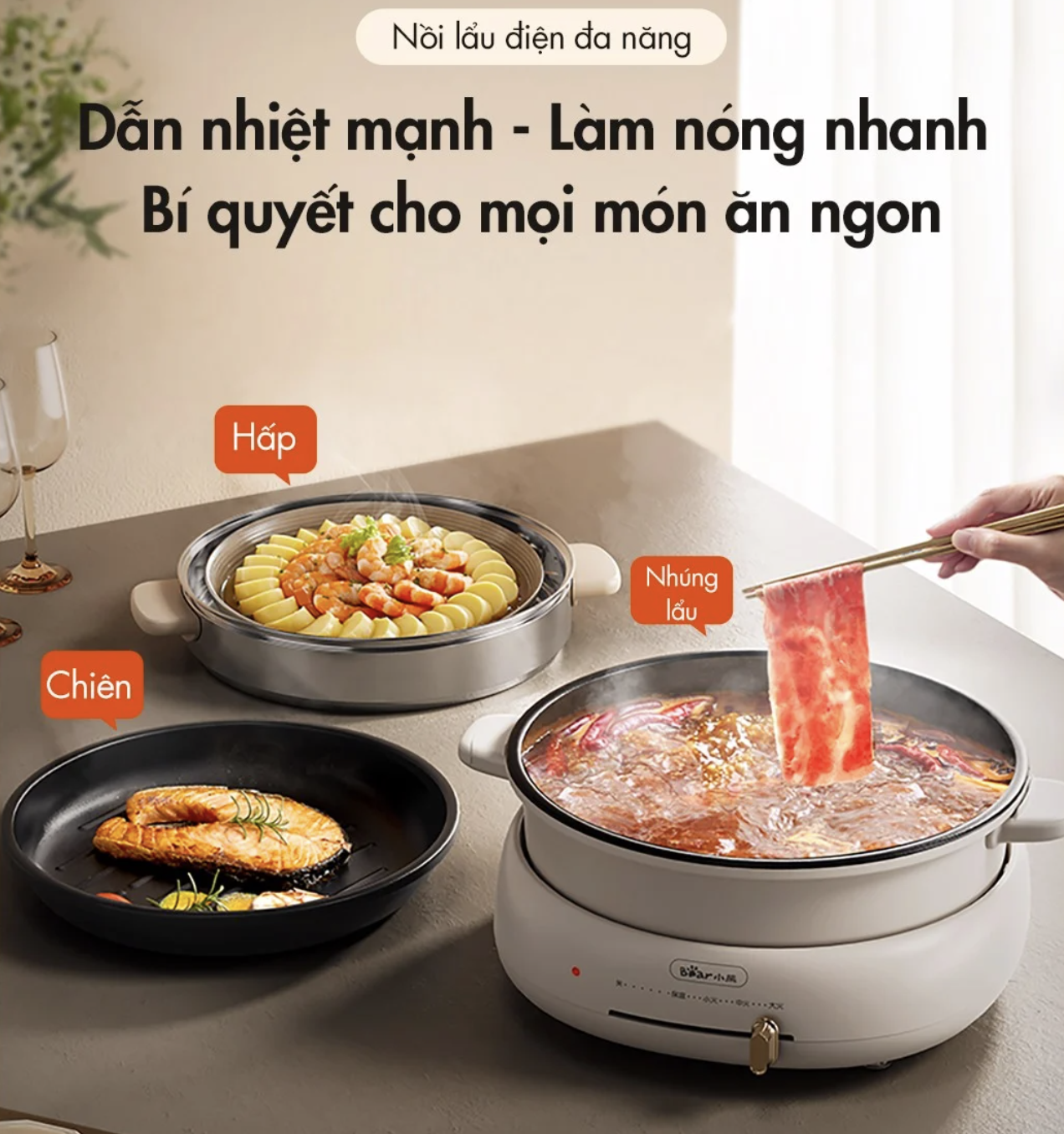 Nồi Lẩu Nướng Đa Năng BEAR DHG-C40W2, Có Kèm Khay Hấp Dung Tích 4 Lít, Công Suất 1500 W - Hàng Chính Hãng