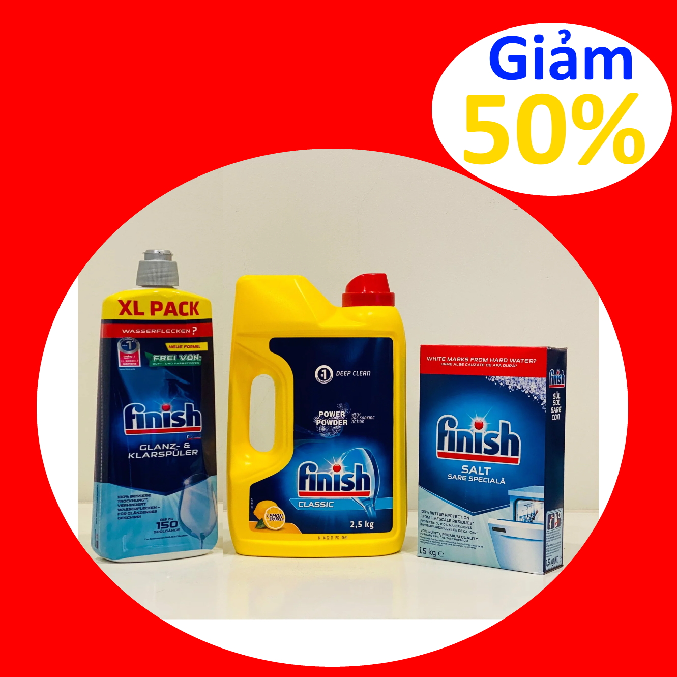 Bộ 3 sản phẩm Bột rửa bát finish 2.5kg + nước bóng 1150ml + Muối rửa chén finish 1.5kg cho Máy rửa bát chén cốc ly