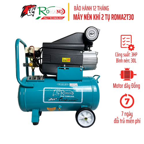 Máy nén khí 2 tụ ROMANO ROMA2T30, công suất 3HP, bình 30L, chạy dầu, lên hơi siêu nhanh chỉ 70s đầy bình