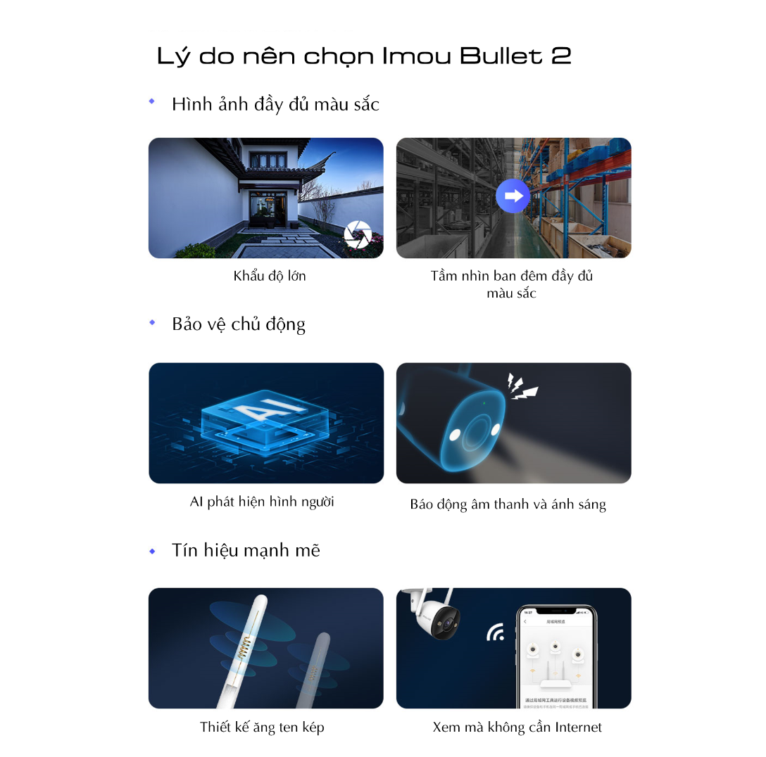 Camera Wifi ngoài trời IMOU BULLET 2S F22FEP F42FEP còi, đèn cảnh báo, màu đêm, - Hàng chính hãng