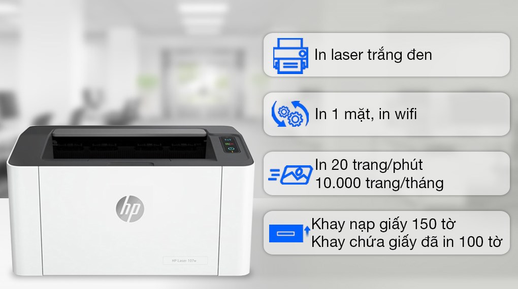 Máy in Laser Trắng Đen HP 107w WiFi - Hàng chính hãng