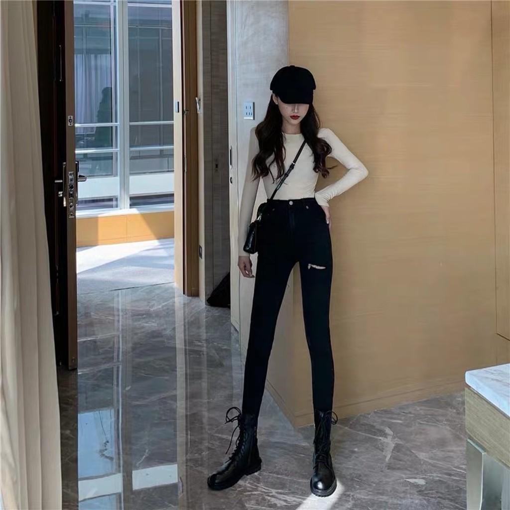 Quần jean nữ dài màu đen tuyền lưng cao co dãn mạnh, rách kiểu dành cho Big Size 2707