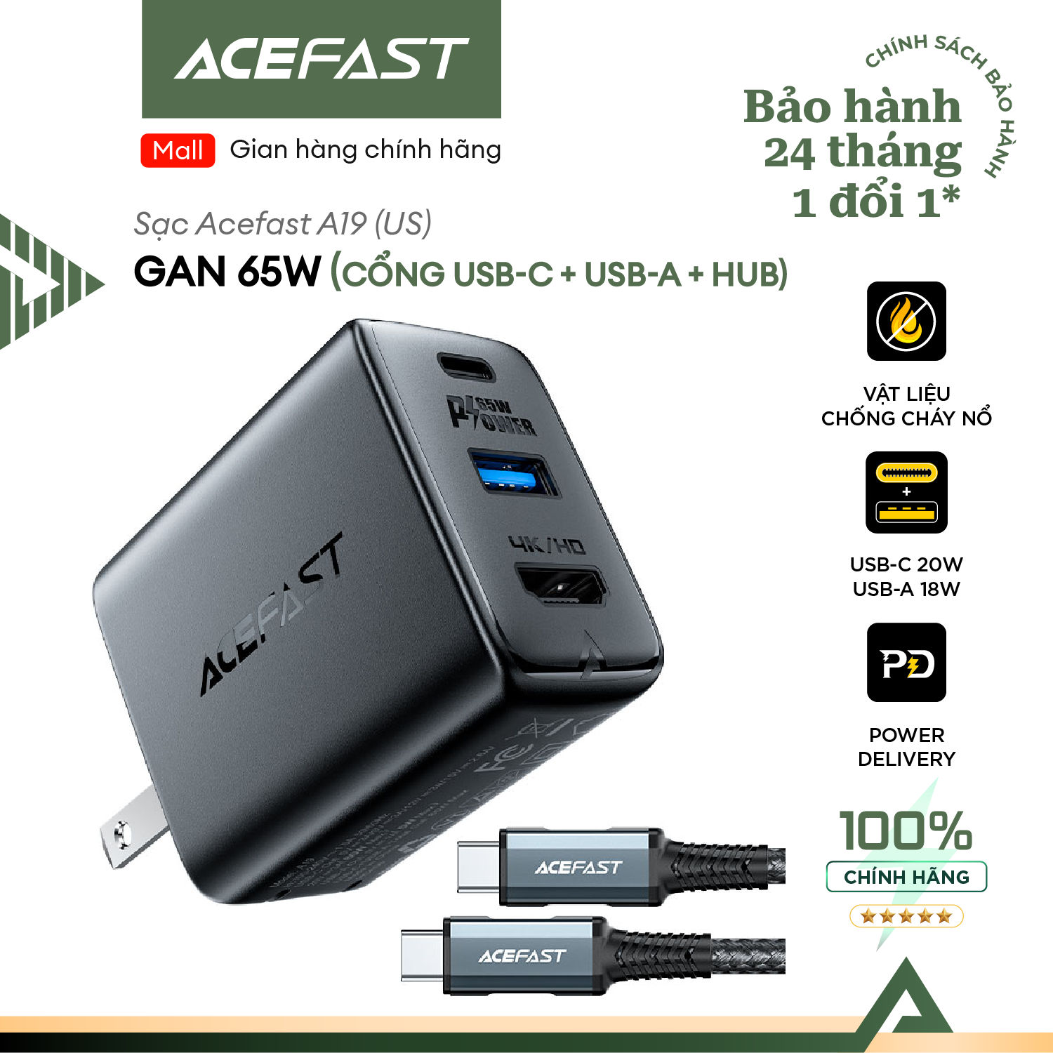 Sạc Acefast GaN 65W cổng USB-C + USB-A + HUB (US) - A19 Hàng chính hãng Acefast