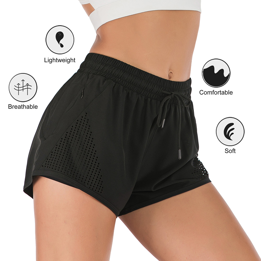 Quần shorts thể thao dành cho nữ, thiết kế thời trang, giả 2 mảnh, nhanh khô, thấm hút mồ hôi