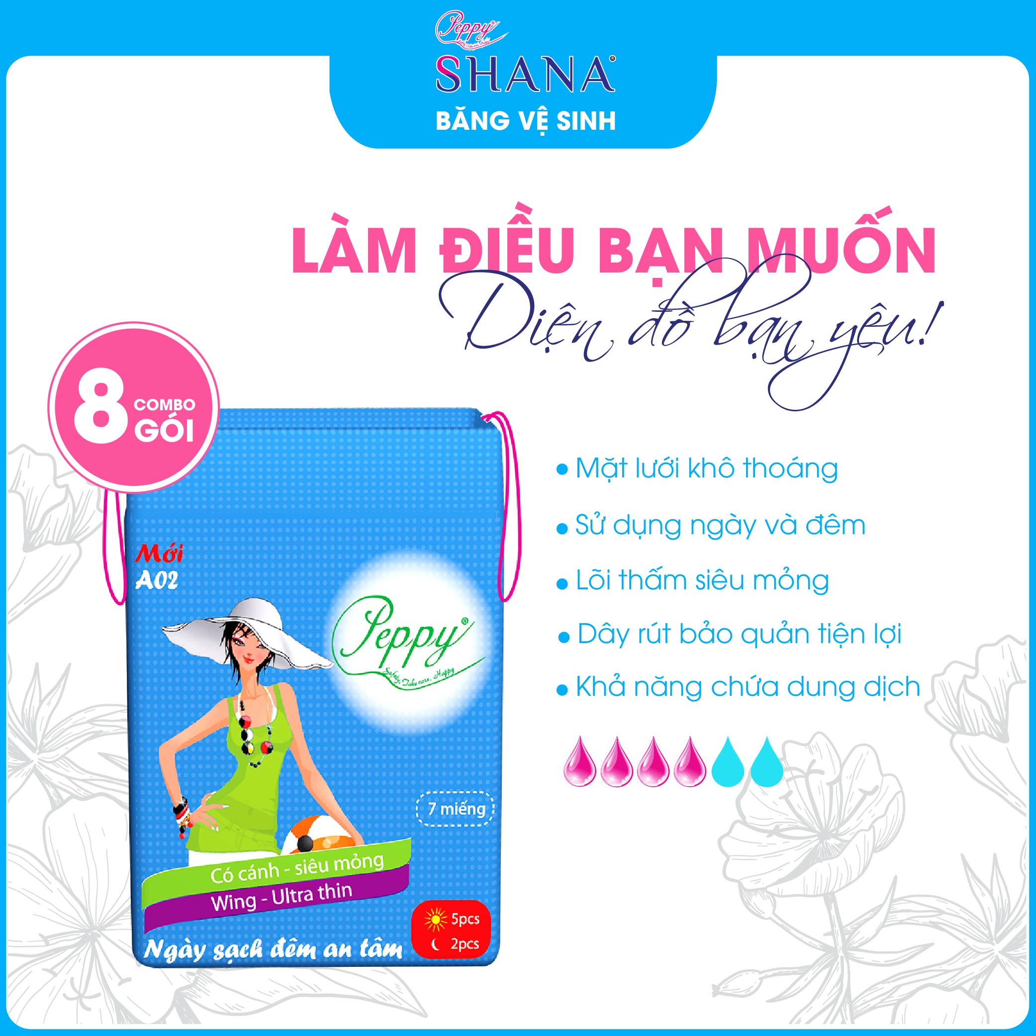 Combo 8 gói Băng Vệ Sinh AO2 Ngày Và Đêm, Siêu Thấm, Siêu Mỏng Nhẹ, Mặt Lưới, Có Cánh (7 miếng