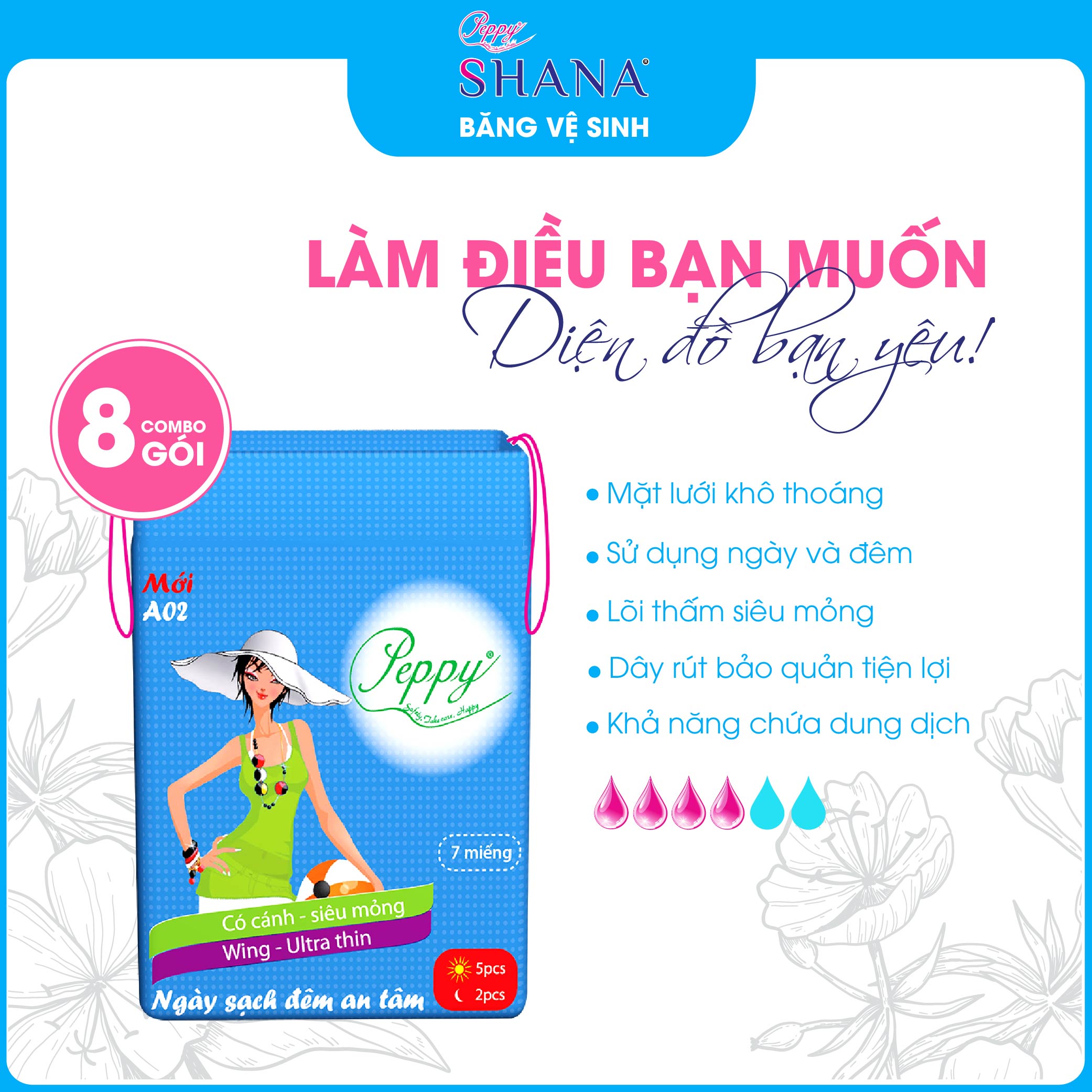 Combo 8 gói băng vệ sinh PEPPY lưới siêu thấm A02