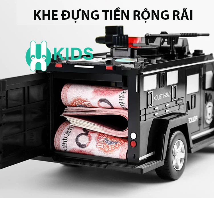 Két sắt tiết kiệm hình xe ô tô cảnh sát trẻ em có nhạc mở khoá bằng mật mã, dấu vân tay thông minh