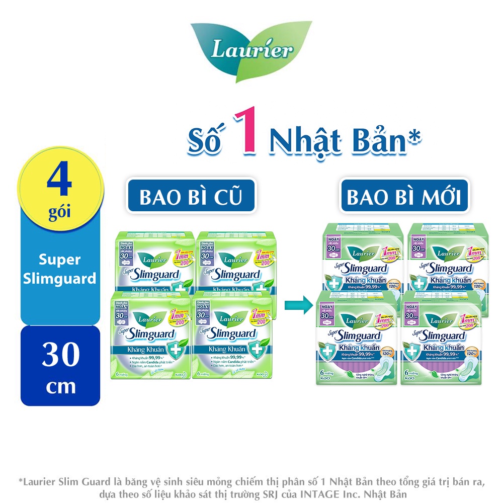 Combo 4 gói BVS Laurier Siêu Mỏng 1mm Kháng khuẩn 30cm 6 miếng