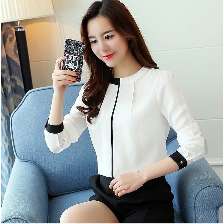 Áo sơ mi nữ cổ tròn màu trắng, công sở nữ tay dài màu trắng công sở dáng suông, chống nhăn chống xù